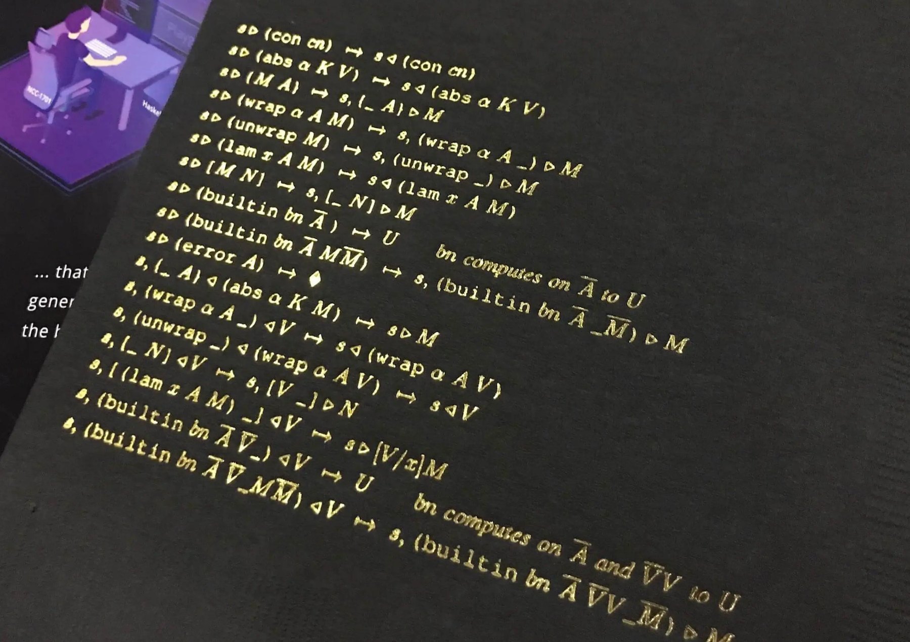 The Plutus Core CEK machine rules printed on a napkin at PlutusFest 2018